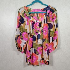 02172 Trina Turk fuchsia, navy & green sheer silk 1/2 button blouse L